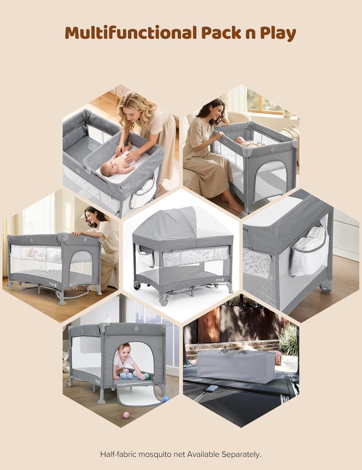 Dripex 5 in 1 Pack n Play Bedside Sleeper, 2-Level Height Baby Crib, Storage Pocket & Breathable Mesh - Foldable Portable Baby Bedside Bassinet for 0 to 12 Months (Travel/Home), Dark Grey
