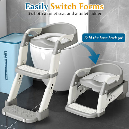 Potty Training Seat 3-in-1 Toddler Toilet Ladder (Toilet, Ladder, Squatting Aid) for Children Boys Girls with Removable Cushion, Anti-Splash & Foldable Design - Grey