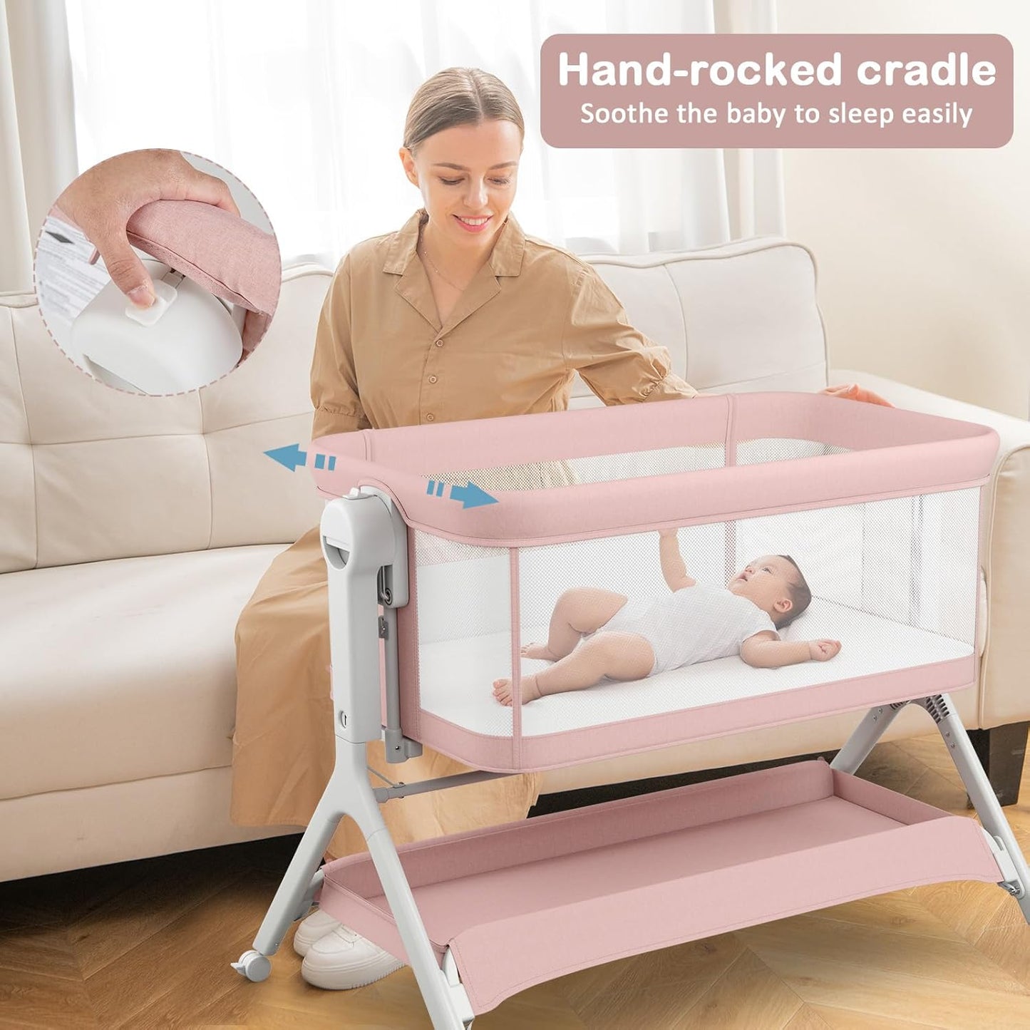 INFANS 5 in 1 Baby Bassinet, Upgraded Rocking Bedside Sleeper with Wheels, Storage Basket, Travel Bag, Mosquito Net, Height Adjustable, Portable All Mesh Crib for Newborn/Infant (Pink)
