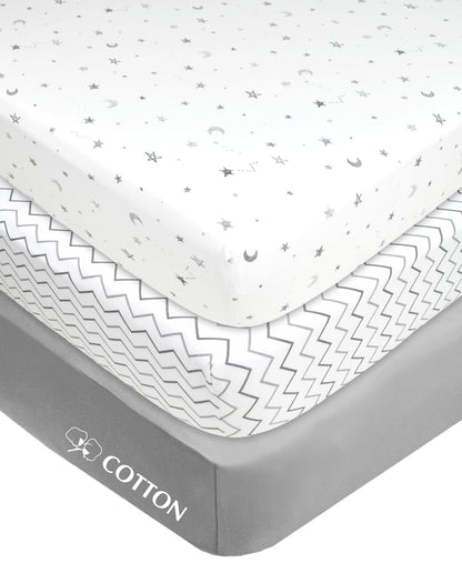 American Baby Company 3 Pack 100% Natural Cotton Fitted Pack and Play Sheets 39" x 27" - Soft & Breathable Pack N Play Sheets for Playard & Mini Crib Mattress, Yellow Star/Yellow/White, for Boy & Girl