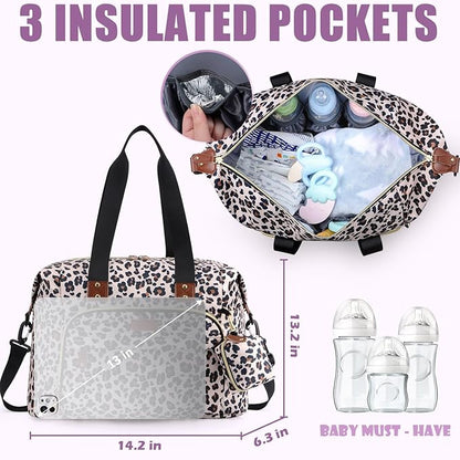 Tuwubi Diaper Bag Tote,Baby Diaper Bag with Pacifier Case Large Travel Diaper Tote Caddy for Mom and Dad Multifunction Large Baby Bag - M-Leopard Print