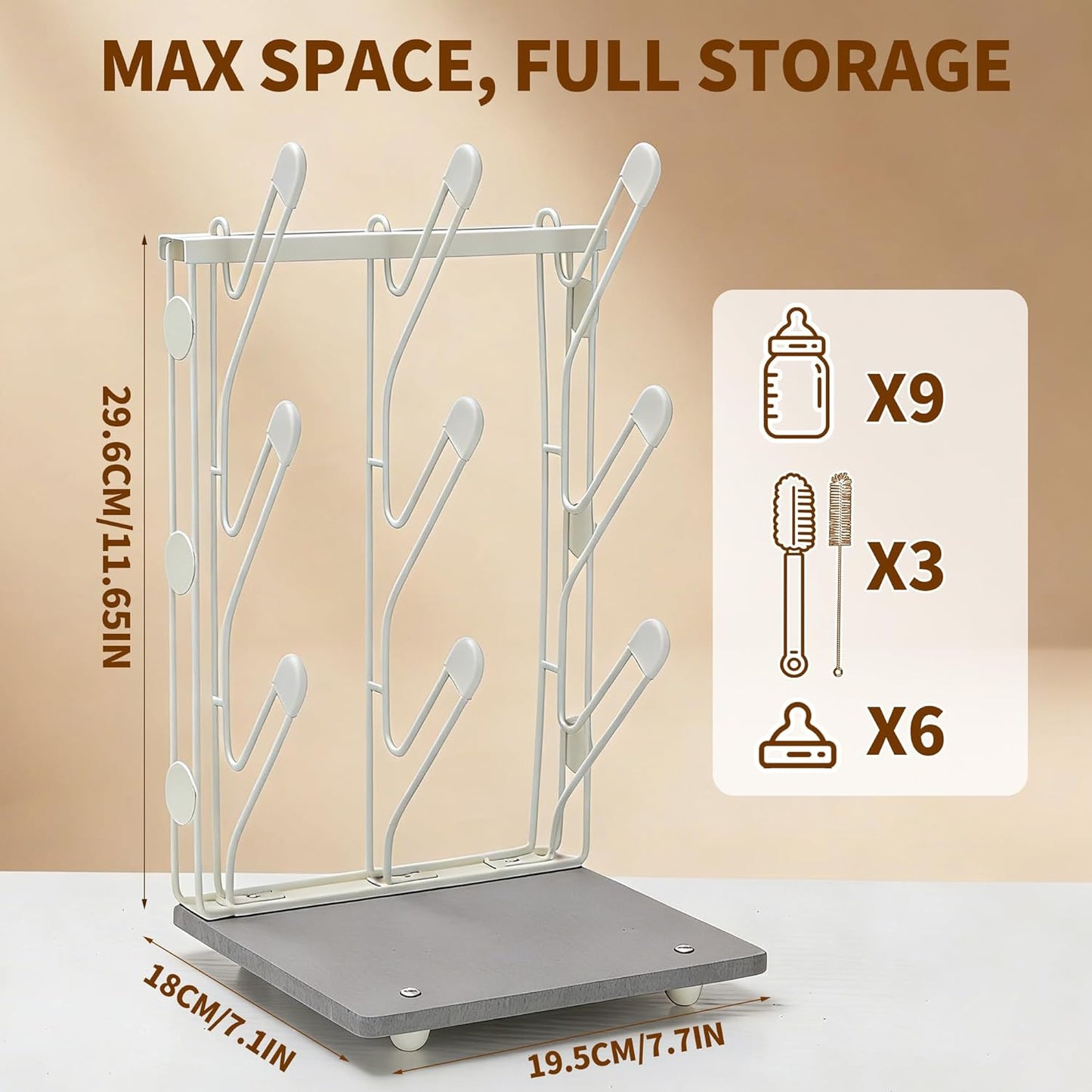 Taozun Bottle Drying Rack with 9 Hooks, Quick-Dry Diatomite Base with Stainless Steel Cup Stand, Vertical Space Saving Countertop Baby Organizer