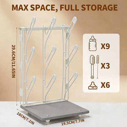Taozun Bottle Drying Rack with 9 Hooks, Quick-Dry Diatomite Base with Stainless Steel Cup Stand, Vertical Space Saving Countertop Baby Organizer