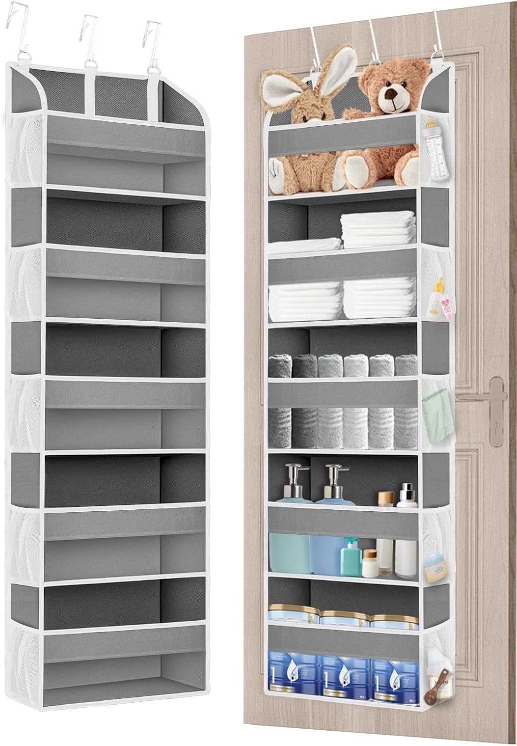 TAHAVICE 1 Pack Over The Door Organizer Storage, Hanging Organizer Closet with 5 Large Pockets 10 Mesh Pockets, 44 lbs Weight Capacity, Behind Door Storage for Nursery Bedroom Bathroom (Dark Grey)
