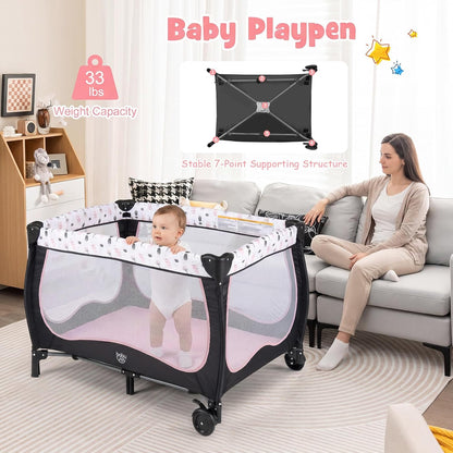 BABY JOY 4 in 1 Pack and Play with Canopy, Portable Baby Playard with Bassinet, Double-Layer Baby Crib, Wheels & Brake, Foldable Baby Girl Pink Princess Bassinet from Newborn to Toddler