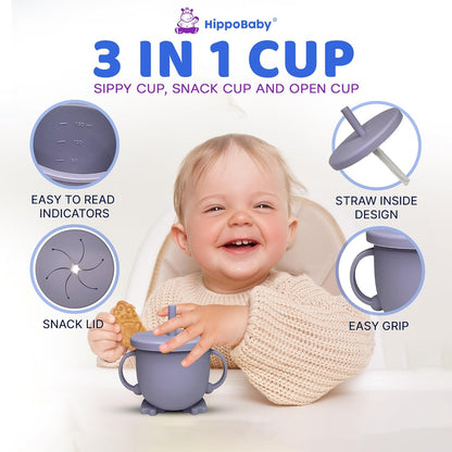 HippoBaby Baby Led Weaning Supplies | 10 Piece Silicone Baby Feeding Set | Baby Toddler Bib Cup Divided Plate and Bowl Self Feeding Spoons Dish Set | Baby Utensils | Toddler Feeding Supplies (Sky)