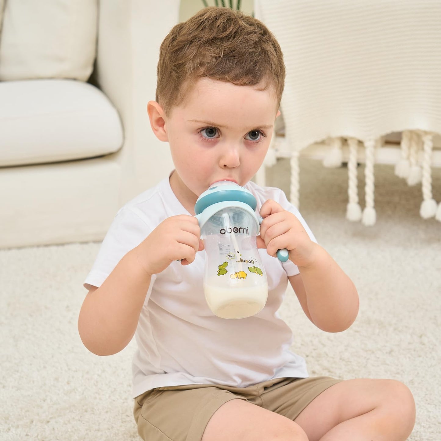 Oberni Toddler Milk Bottle 330ml/11oz, Anti-Colic Baby Bottle with Fast Variable Flow Nipple for 12 Months, Weigthed Straw, Non-Slip Handle, Pink/1Pack
