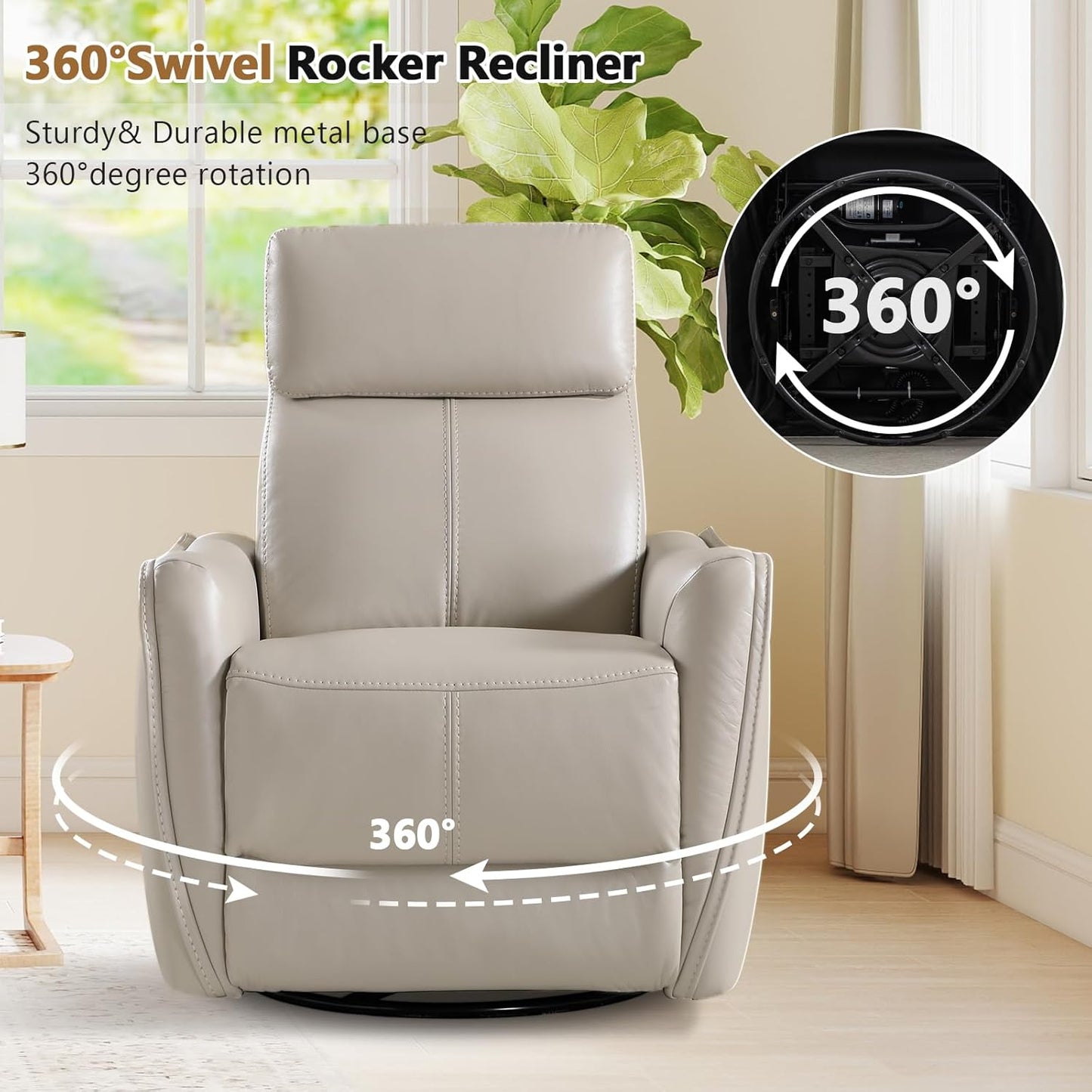 HAOMARKETS Electric Swivel Rocker Recliner Chair, Power Faux Leather Glider Rocking Recliners for Adults,360° Swivel Nursery Reclining Sofa with USB Charging Port, White