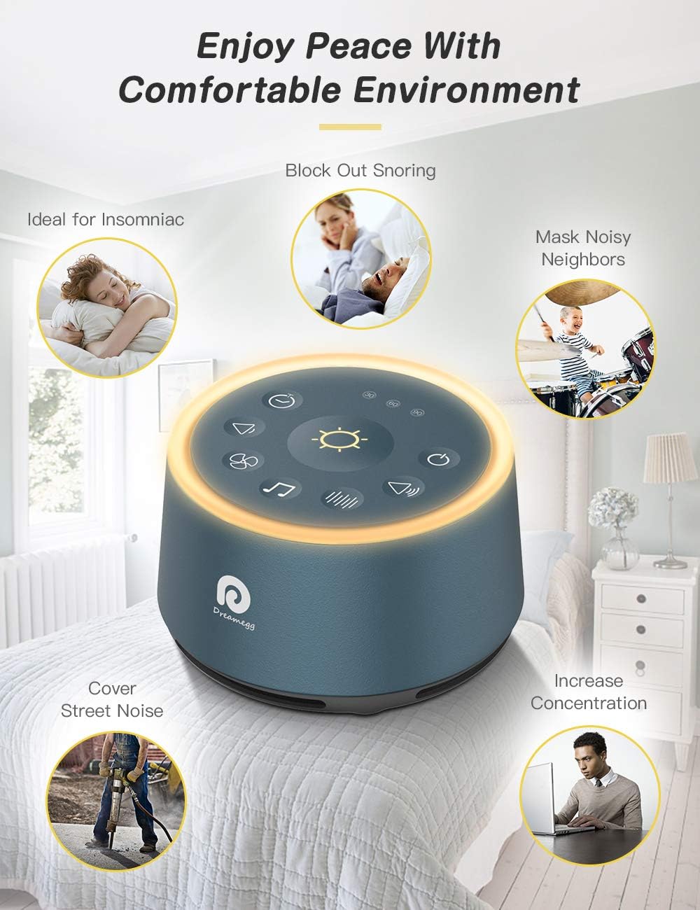 Dreamegg D1 Sound Machine Baby - White Noise Machine for Baby with Night Light, 24 High Fidelity Sounds, Timer & Memory Feature, Noise Machine with Nursery Lamps for Adults, Home, Office (White)