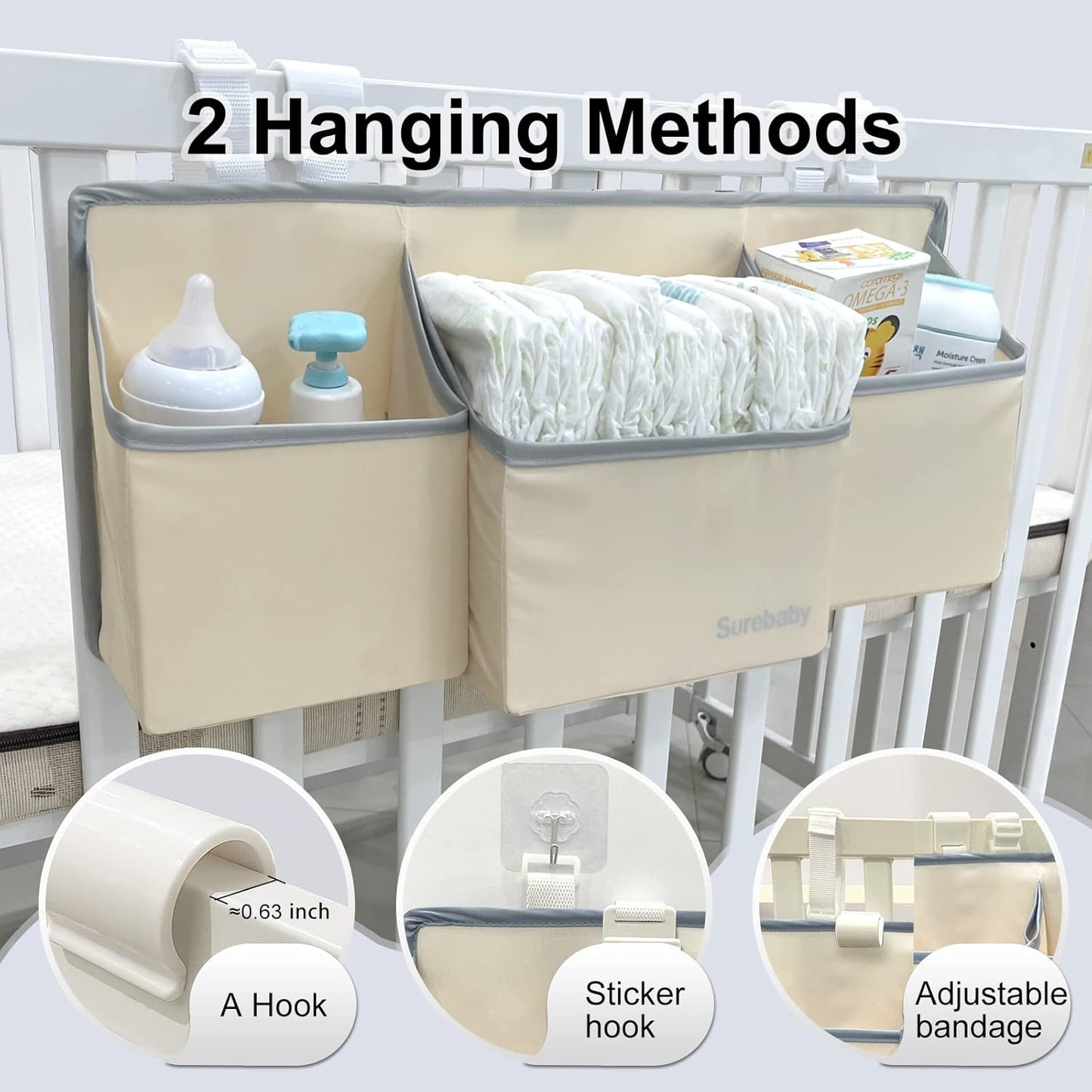 Hanging Baby Diaper Caddy, 3-in-1 Diaper Caddy Organizer Holder For Baby Crib, Nursery Organization Diaper Stacker Storage For Crib, Changing Table-Grey