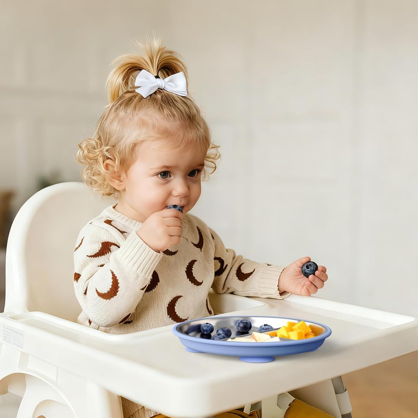 Bakpoco Stainless Steel Toddler Plate with Suction, 9” Divided Plates with Removable Silicone Sleeves for Kids, Non Toxic & BPA Free | Non Slip | Unbreakable Baby Snack Dishes Set of 2, Blue & Gray