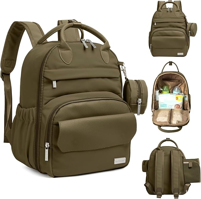 KeaBabies Diaper Bag Backpack - Small Multifunctional Travel Diaper Back Packs, Maternity Baby Changing Bags, 12L Capacity, PU Leather, Waterproof, Unisex, Nappy Changing Pad (Dark Olive, Small)