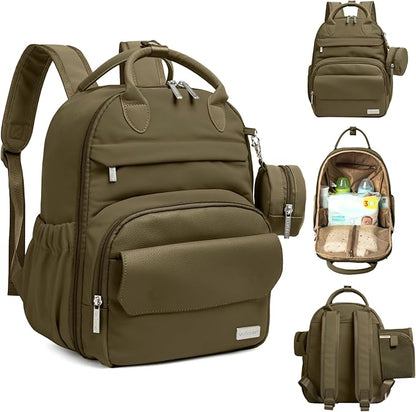 KeaBabies Diaper Bag Backpack - Small Multifunctional Travel Diaper Back Packs, Maternity Baby Changing Bags, 12L Capacity, PU Leather, Waterproof, Unisex, Nappy Changing Pad (Dark Olive, Small)