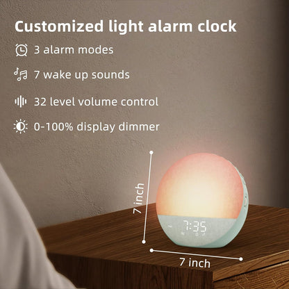 Sunrise Alarm Clock White Noise Machine: Natural Wake Up Light - Dimmable Clock with Bluetooth Speaker for Bedroom - 25 Sleep Sounds for Baby Adults Kids Putty