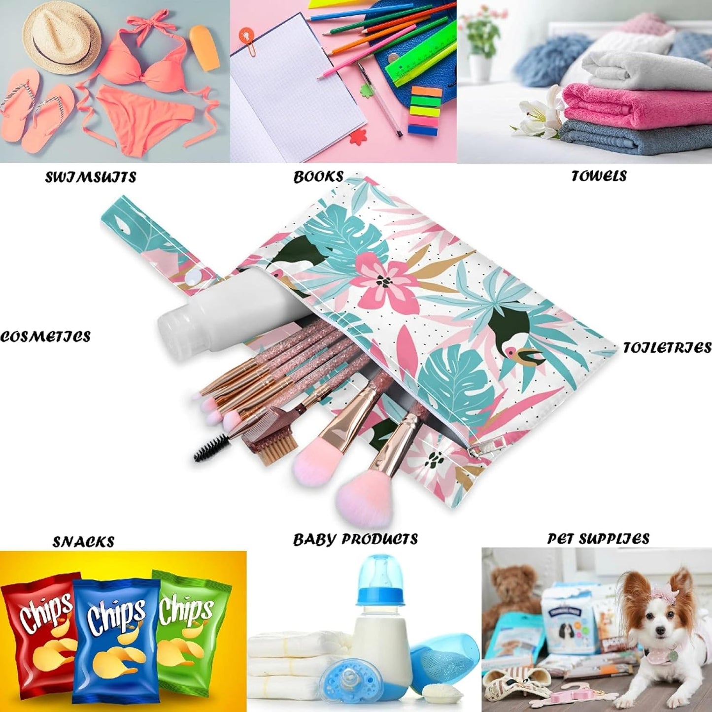 visesunny Contour Lines White Abstract Flower Pink Pattern 2Pcs Wet Bag with Zippered Pockets Washable Reusable Roomy for Travel,Beach,Pool,Daycare,Stroller,Diapers,Dirty Gym Clothes, Wet Swimsuits, T