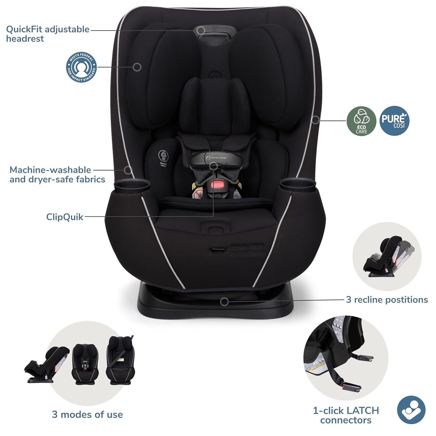 Maxi-Cosi Pria Max 3-in-1 Convertible Car Seat, Infant to Toddler Car Seat, ClipQuick Magnetic Chest Clip, Quick-Install Latch, Machine-Washable Cover, 5-100 lbs, Oyster Shell