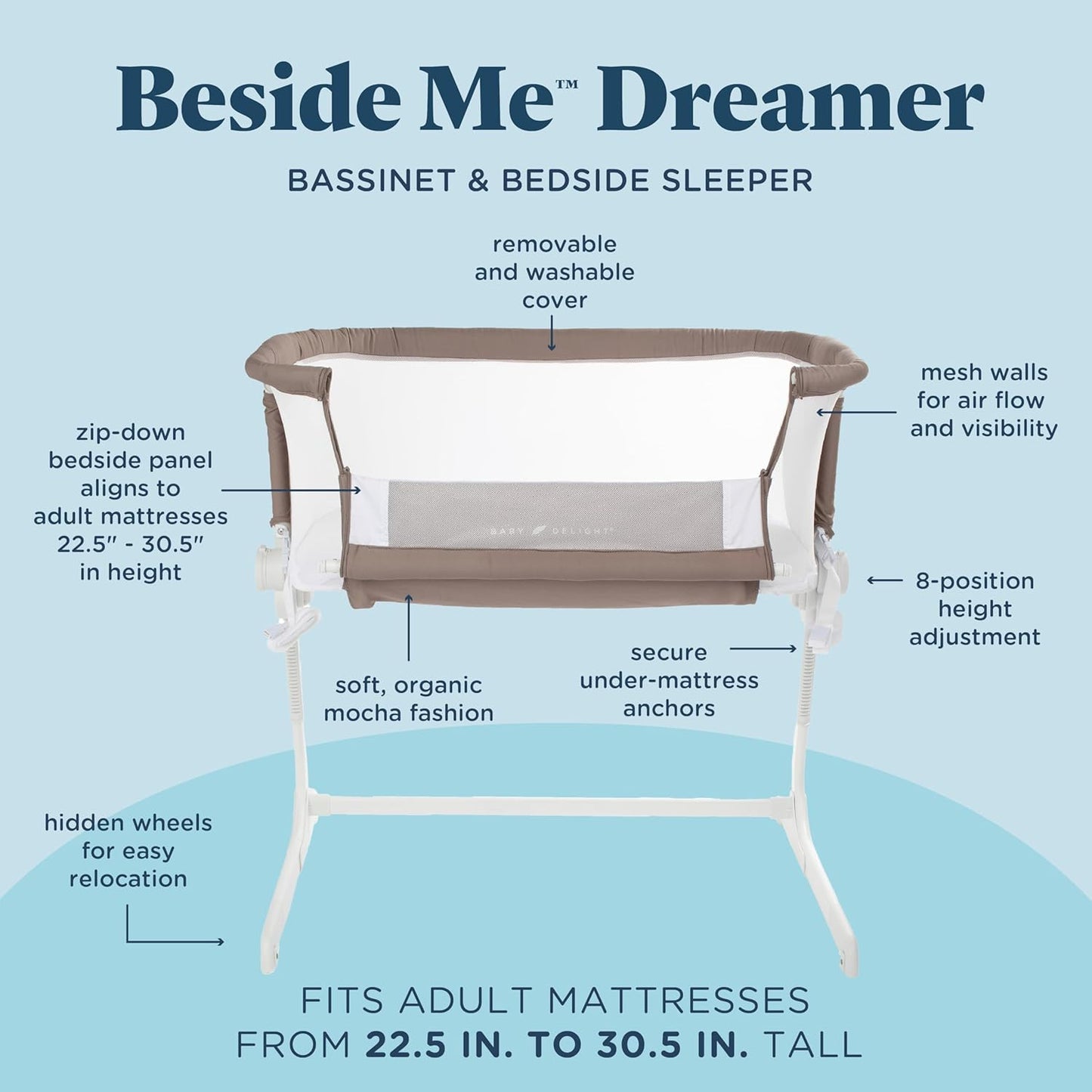 Baby Delight Beside Me Dreamer Bassinet | Bedside Sleeper | 6-Position Height Adjustment | Charcoal Tweed