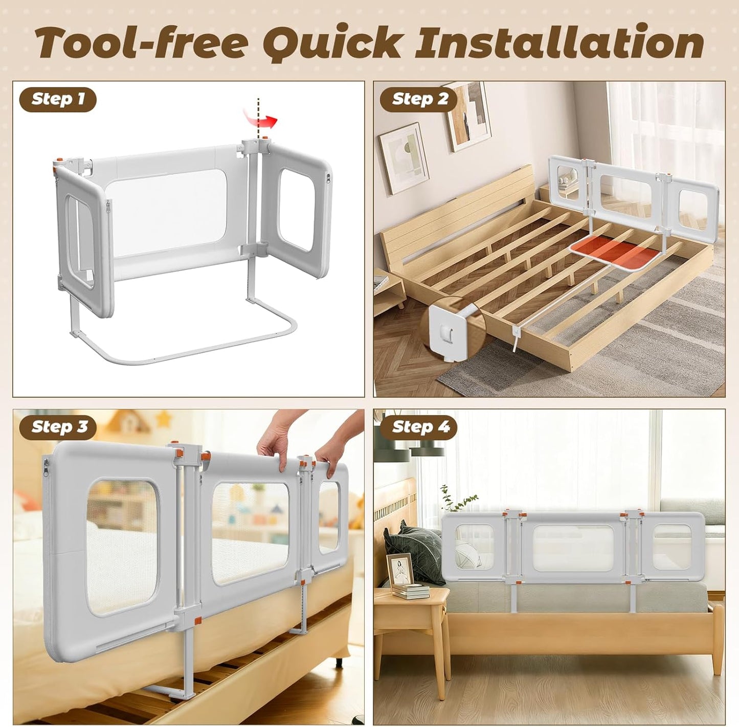 3 in 1 Bedside Bassinet, 69.26" x 19.29" Baby Bassinets Bedside Sleeper with Mosquito Net + Storage Bag + Child Lock, Baby Crib & Toddler Bed Rails for Twin, Full, Queen, King Size, Beige