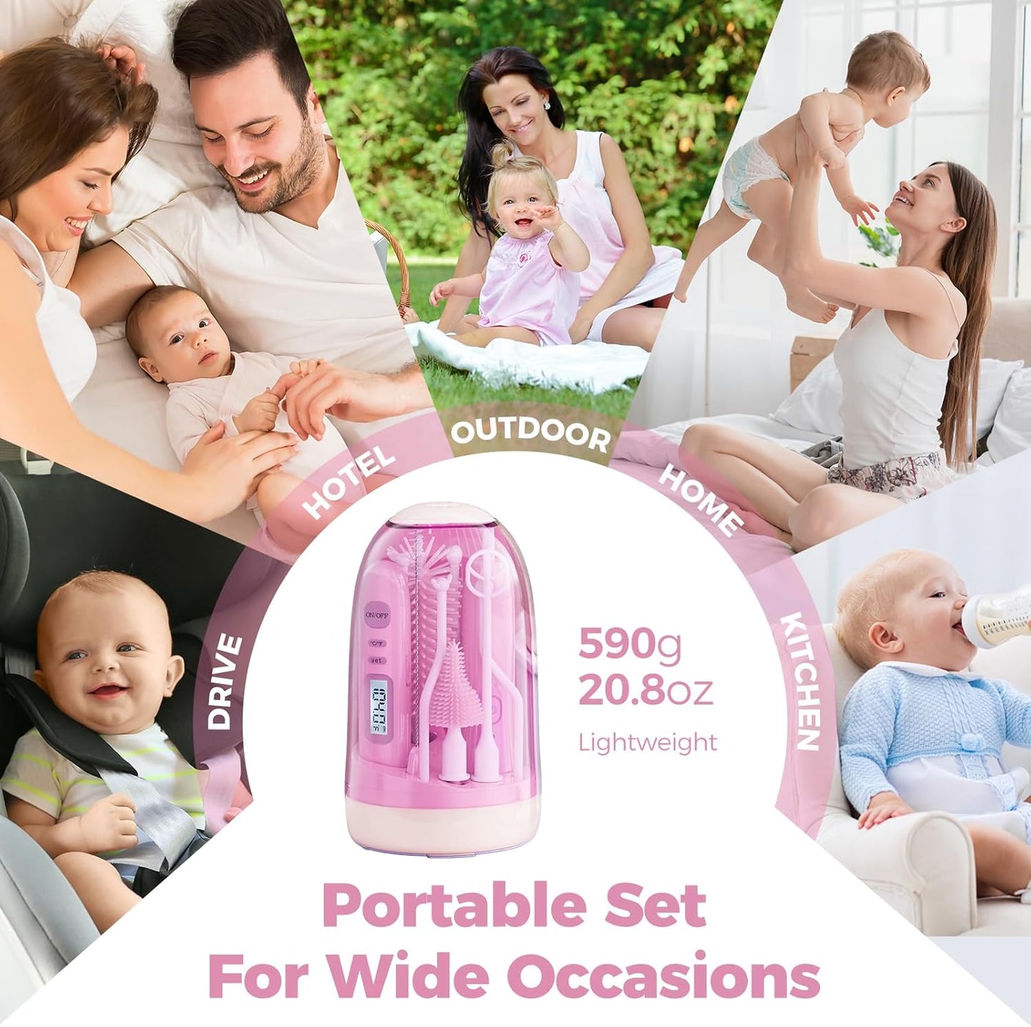 Electric Bottle Brush Cleaner,Rechargable Electric Baby Bottle Brush Cleaner with Thermometer,Silicone Bottle/Nipple/Straw Brush,Drying Rack,Travel Bottle Cleaner Kit for New Moms (Pink)