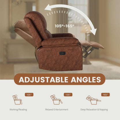 Leather Swivel Rocker Recliner Chair, Traditional Manual Chair, Upholstered Nursery Glider Rocking Recliner, Comfy Faux Leather Single Sofa with Pocket Spring for Living Room, Camel