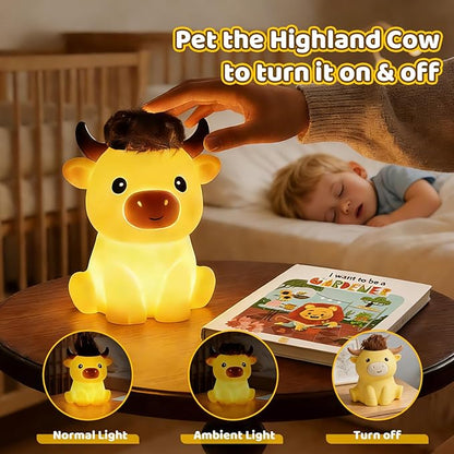 Amaredom Highland Cow Night Light, Cute Silicone Cow Lamp, Dimmable Rechargeable LED Bedside Lamp with 20 Minutes Timer & Tap Control for Nursery, Baby Girls, Women, Bedrooms, Living Room