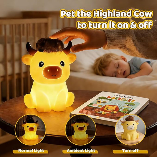 Amaredom Highland Cow Night Light, Cute Silicone Cow Lamp, Dimmable Rechargeable LED Bedside Lamp with 20 Minutes Timer & Tap Control for Nursery, Baby Girls, Women, Bedrooms, Living Room