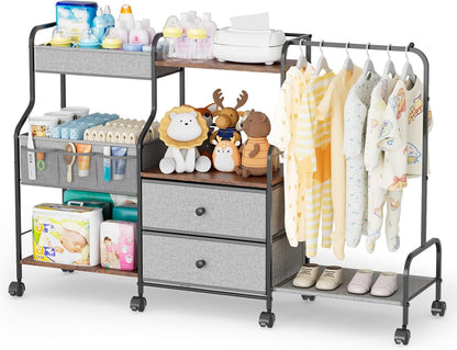 BBLIKE Diaper Caddy Organizer with Hanging Rack - 3 Tier Rolling Utility Cart with Drawers and Dividers for Baby Bottle Storage - Bedside Cart for Changing Station, Crib, Nursery, Bedroom, Beige