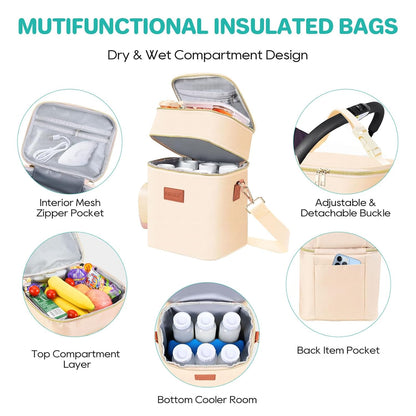 PIIOSER Breastmilk Cooler Bag with Ice Pack Fits 6 Baby Bottles Up to 9 Ounce, Insulated Baby Bottle Tote Bags, Double Layer Waterproof Leak-Proof with Shoulder Strap for Nursing & Working Mom (Grey)