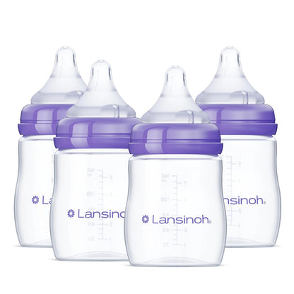 Lansinoh Anti-Colic Baby Bottles, BPA-Free Plastic, 5 Ounces, 4 Count, Extra Slow Flow Nipples (Size XS), Breastfeeding Bottle with NaturalWave Design