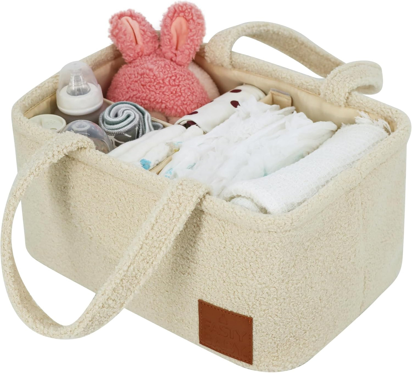 Baby Diaper Caddy Organizer: Soft Beige Teddy Wool - Portable Diaper Caddy, Car Organizer - Newborn Essentials Must Have - Nursery Storage Basket for Baby Essentials. Baby shower & Newborn Gift Idea