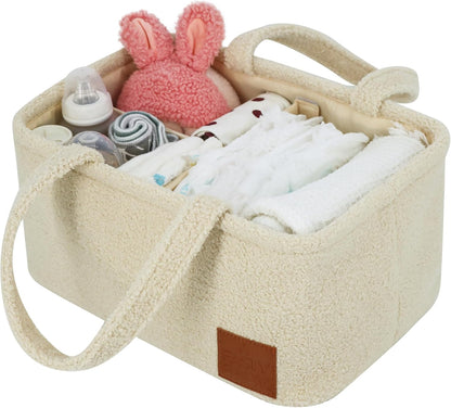 Baby Diaper Caddy Organizer: Soft Beige Teddy Wool - Portable Diaper Caddy, Car Organizer - Newborn Essentials Must Have - Nursery Storage Basket for Baby Essentials. Baby shower & Newborn Gift Idea