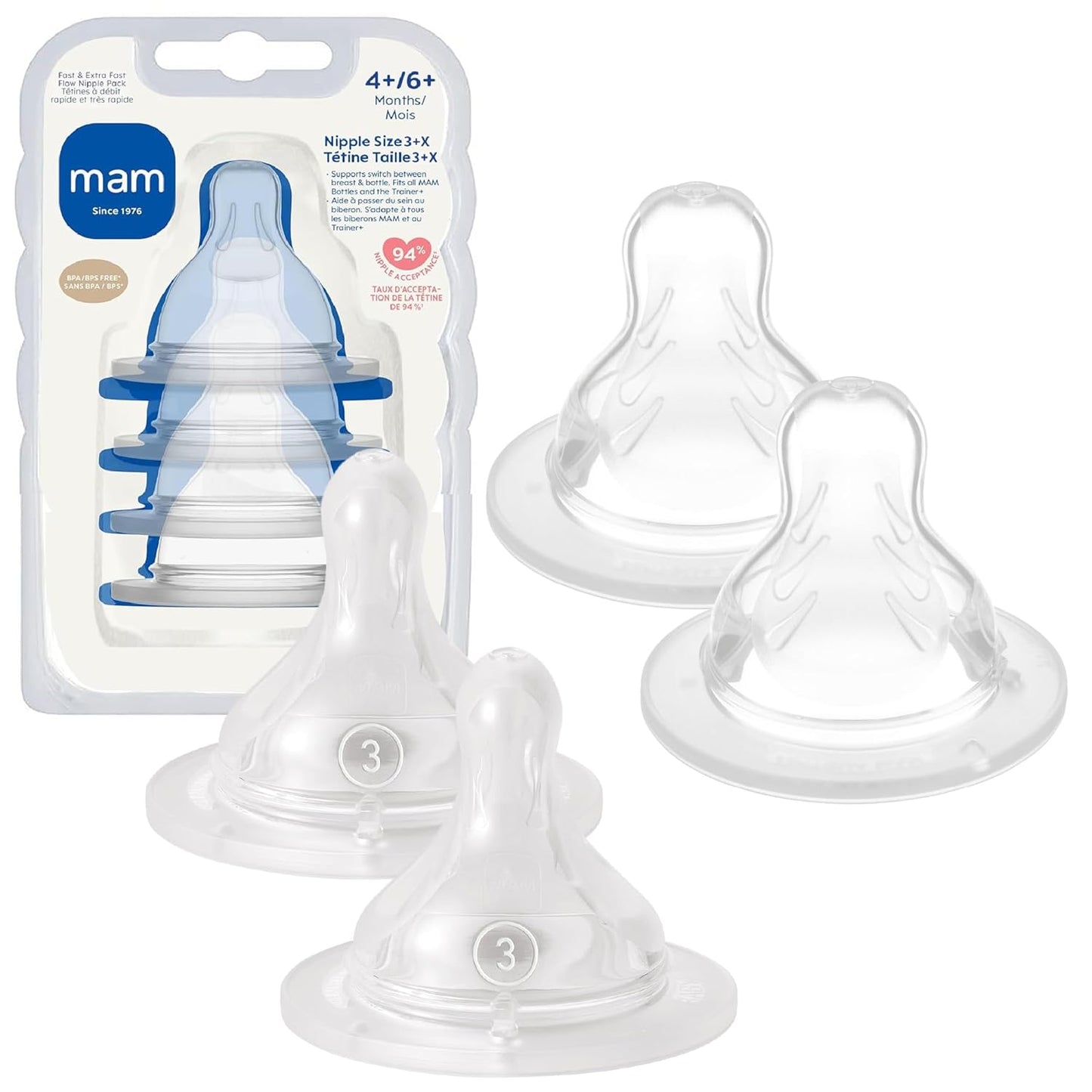 MAM Baby Bottle Nipple Mixed Flow Pack, Fast Flow Size 3 & Extra Fast Flow Size 4, Newborns 4+ Months, Skin Soft BPA Free Silicone, 94% Nipple Acceptance, Fits All MAM Bottles, 4 Pack, Made in Europe