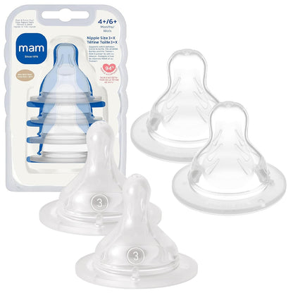 MAM Baby Bottle Nipple Mixed Flow Pack, Fast Flow Size 3 & Extra Fast Flow Size 4, Newborns 4+ Months, Skin Soft BPA Free Silicone, 94% Nipple Acceptance, Fits All MAM Bottles, 4 Pack, Made in Europe