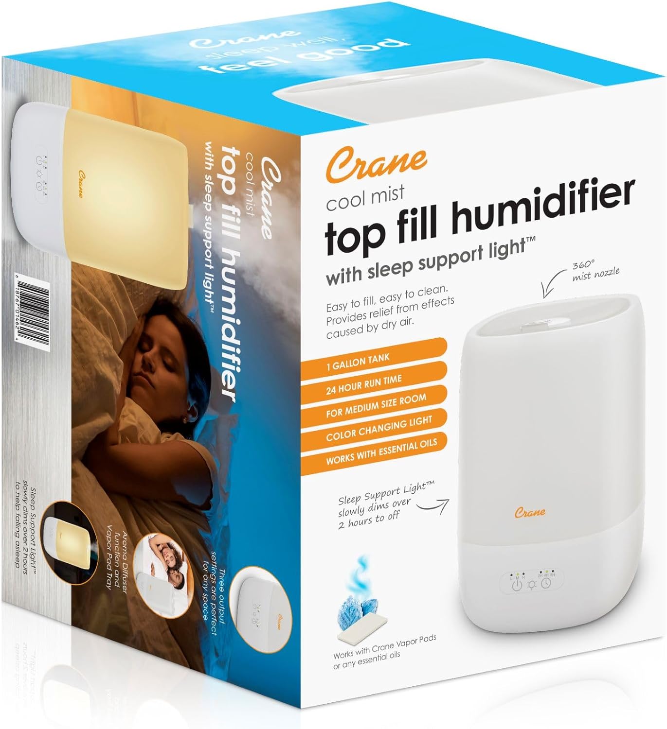 Crane Top Fill Mini Humidifier for Bedroom and Nursery 3-In-1 Essential Oil Diffuser Sleep Light 0.5 Gallon Baby Humidifier