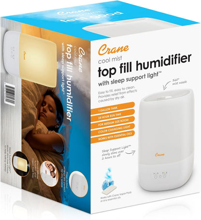 Crane Top Fill Mini Humidifier for Bedroom and Nursery 3-In-1 Essential Oil Diffuser Sleep Light 0.5 Gallon Baby Humidifier