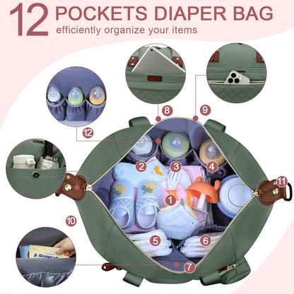 Pritent Diaper Bag Tote - Diaper Baby Bags with Pacifier Case, Shoulder Straps, Stroller Clips, Waterproof Large Mommy Maternity Travel Baby Bag for Mom and Dad, Green, Medium