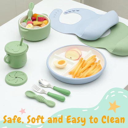 Teenyyou 9 Pcs Porcelain Kids Plates and Bowls Feeding Set with Suction, Ceramic Baby Toddler Divided Plates Silicone Sleeve Bowls Forks Spoons Cup Bib Microwave Dishwasher Safe(Pastels)