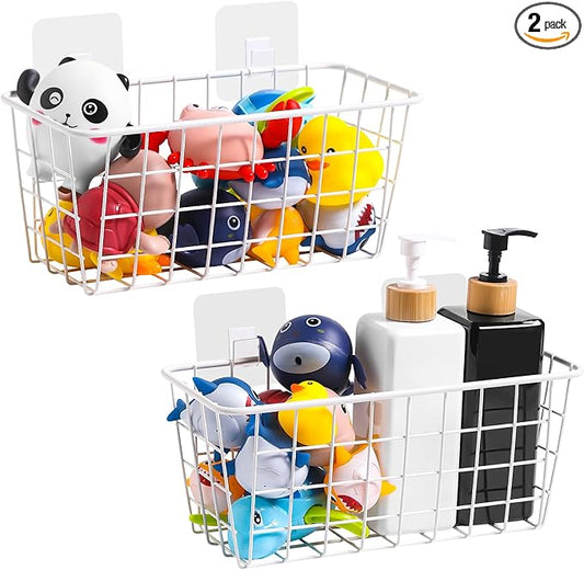 Metal Bath Toy Holder, Hanging Bathtub Toy Storage, Wall Mounted Bath Tub Baby Toys Organizer, Iron Shower Caddy For Bathroom, White, 2 Pack