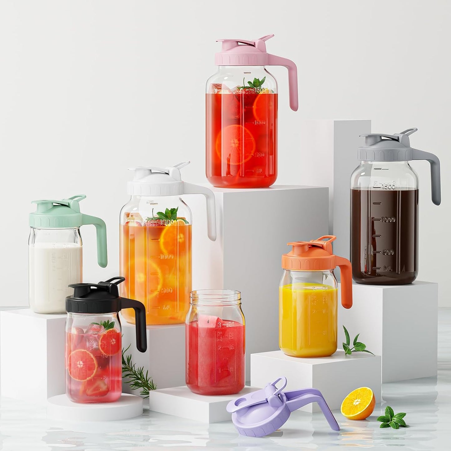 JunVpic Breast Milk Pitcher - 32 oz Glass Mason Jar with Dual Leak-Proof Design, Airtight Seal, Pour Spout & Handle, Storage Container for Breastmilk, Iced Tea & Ice Drinks（Gray）
