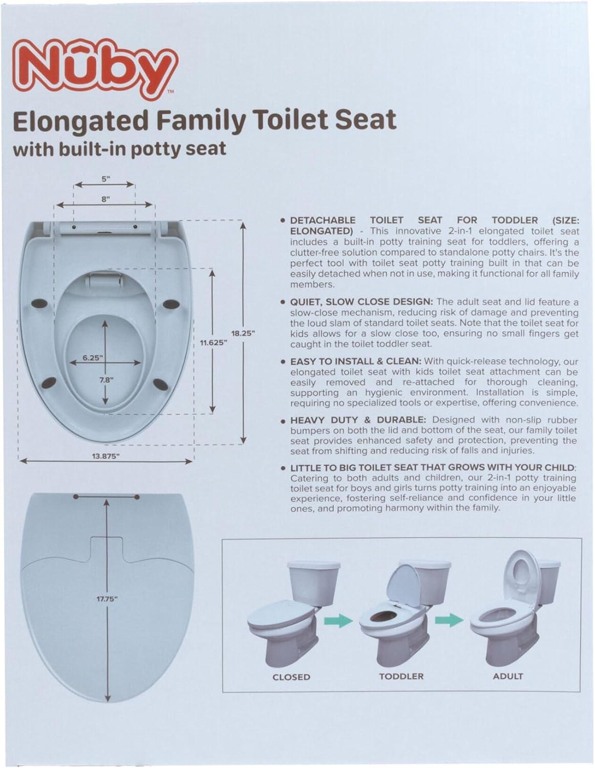 Nuby Family Toilet Seat - Built-in Potty Training Toilet Seat - Fits All Elongated Toilets - Secure and Wiggle-Free - Easy to Install and Remove