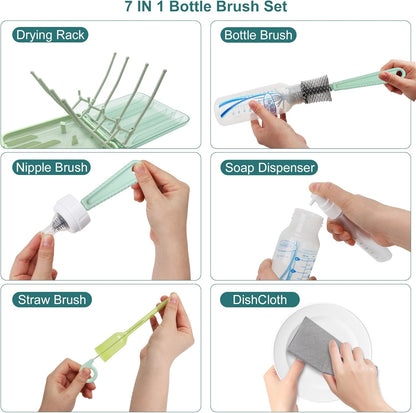 Baby Bottle Brush, 7 in 1 Travel Bottle Cleaner Kit with Soap Dispenser, Bottle Drying Rack, Dishcloths, Portable Essentials for Home and Travel-White