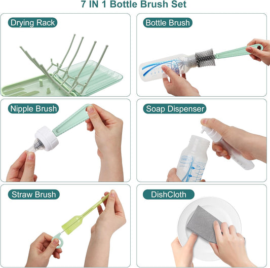 Baby Bottle Brush, 7 in 1 Travel Bottle Cleaner Kit with Soap Dispenser, Bottle Drying Rack, Dishcloths, Portable Essentials for Home and Travel-White