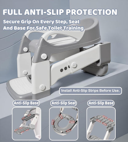 2-in-1 Toddler Potty Training Toilet Seat with Step Stool Ladder – Adjustable Height Potty Chair Urinal for Baby Boys Girls Age 1-3, Foldable Training Potty with Splash Guard & Anti-Slip Feet, Grey
