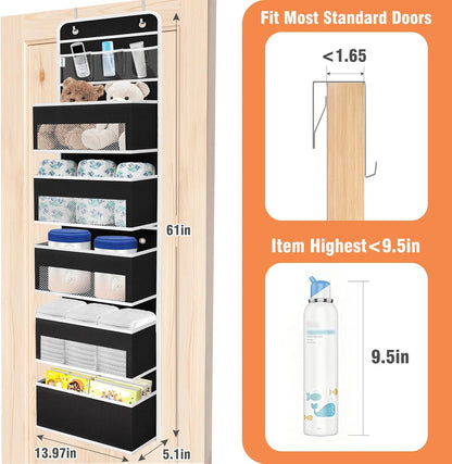 WISELIFE Over The Door Organizer Storage 4 Shelves Large Capacity Hanging Bedroom Storage Solution with 6 Side Pockets for Dorm Bathroom Pantry Nursery and Baby Essentials Holds up to 40 Lbs (Black)