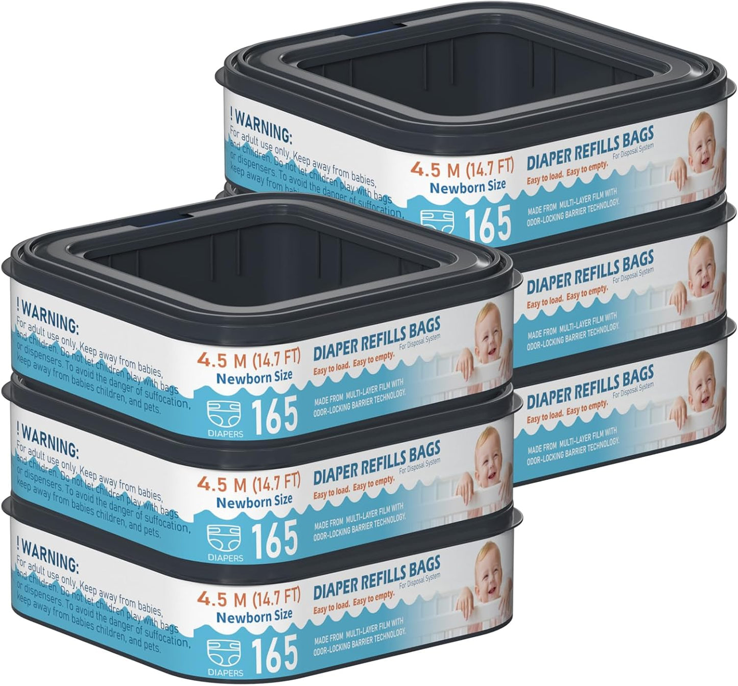 Square Starter Refills Disposal Bags Refill Compatible with Diaper Genie Classic, Compact and Select Pails, Hold Up to 165 Newborn-Sized Diapers Per Refill, 6 Pack