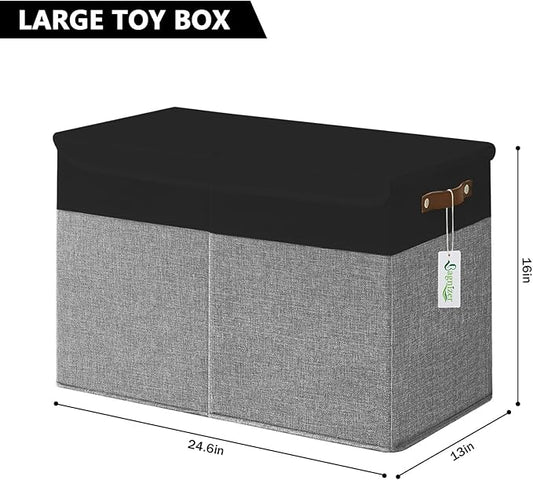 Bagnizer Large Toy Storage Box with Lids, Collapsible Sturdy Baby Storage Organizer Chest Bin Basket for Kids, Boys, Girls, Playroom, Nursery, Bedroom, Closet 25"x13"x16" (Gray and Black)