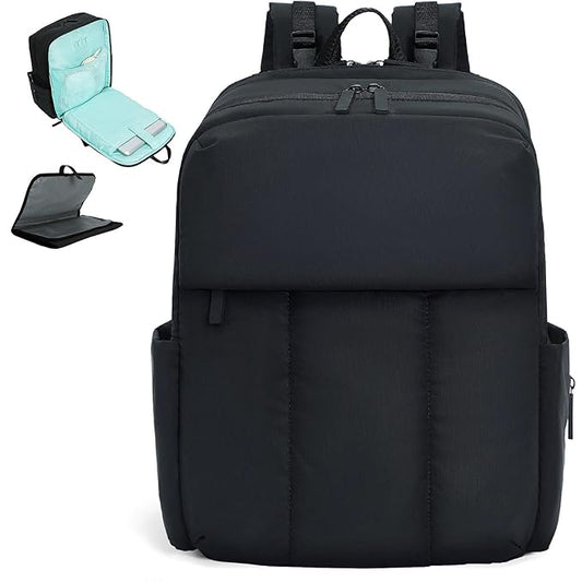 MOMINSIDE Diaper Bag Backpack - Extra Large Puffer Diaper Bag - Neoprene Diaper Bag Quilted Baby Bag for 2 Kids Boys Girls, Large Changing Pad, 15 Pockets, Black