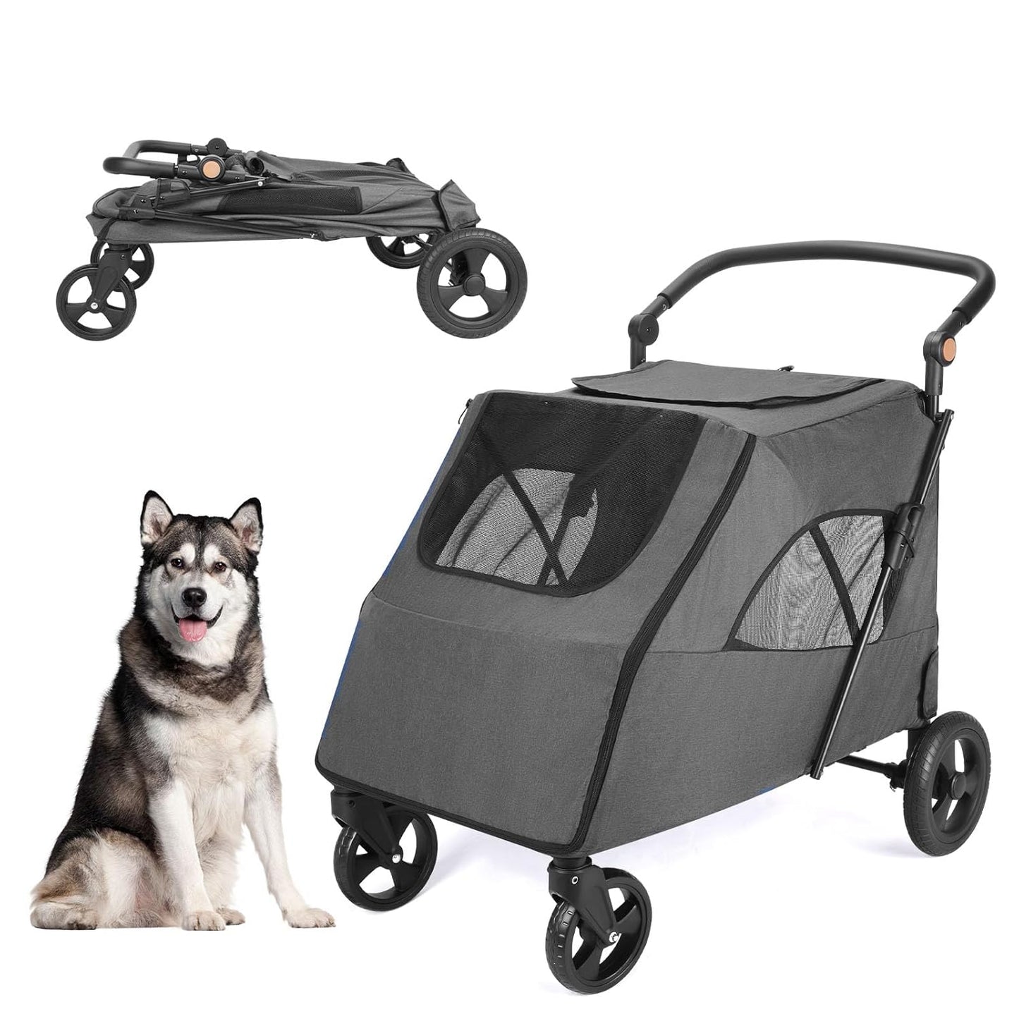 Large Dog Travel Stroller with 4 Heavy Duty Wheels Pet Stroller with Adjustable Handle - Double Doggie Capacity Jogger Wagon with Back Front Door for Small Medium Large Dogs (Dark Light Gray)