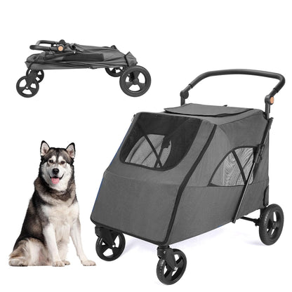 Large Dog Travel Stroller with 4 Heavy Duty Wheels Pet Stroller with Adjustable Handle - Double Doggie Capacity Jogger Wagon with Back Front Door for Small Medium Large Dogs (Dark Light Gray)
