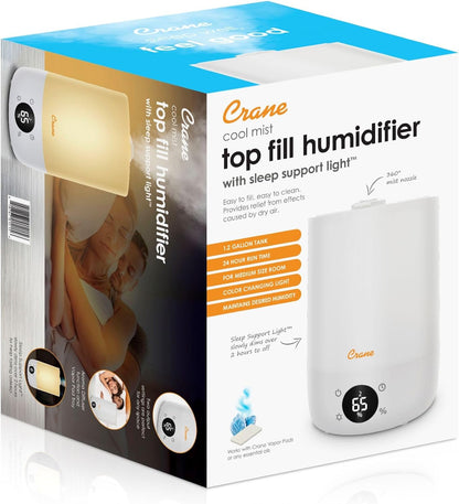 Crane Top Fill Mini Humidifier for Bedroom and Nursery 3-In-1 Essential Oil Diffuser Sleep Light 0.5 Gallon Baby Humidifier